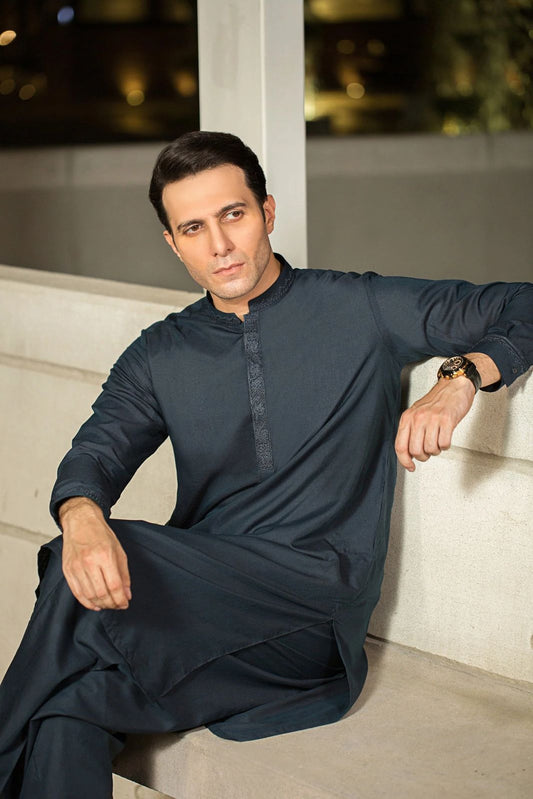 Classic Navy Kurta Pajama – Subtle Embroidery Detailing