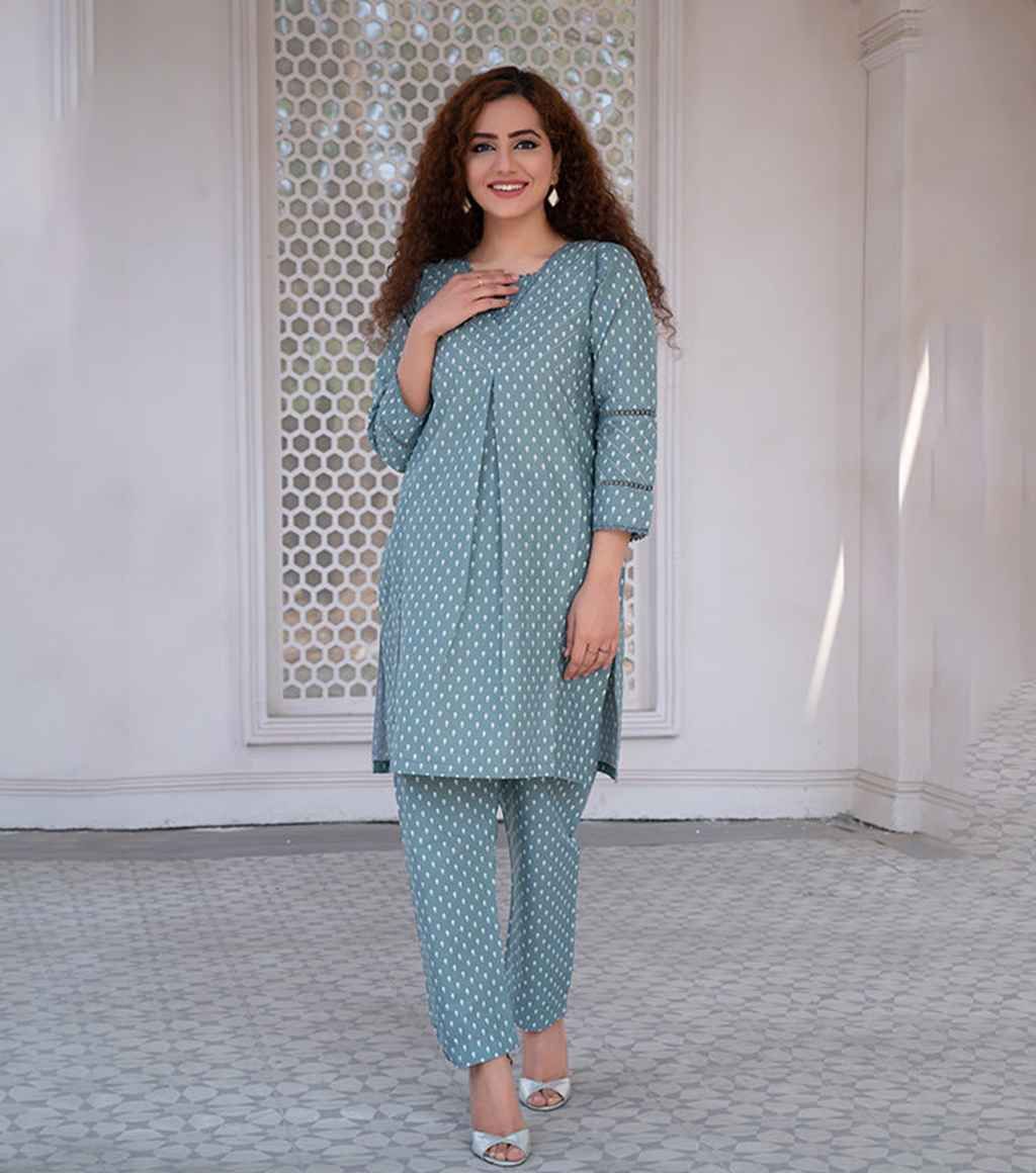 Aqua Blue Dotted Kurta Set – Subtle Elegance