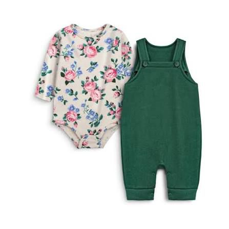 Floral Onesie & Green Overalls Set